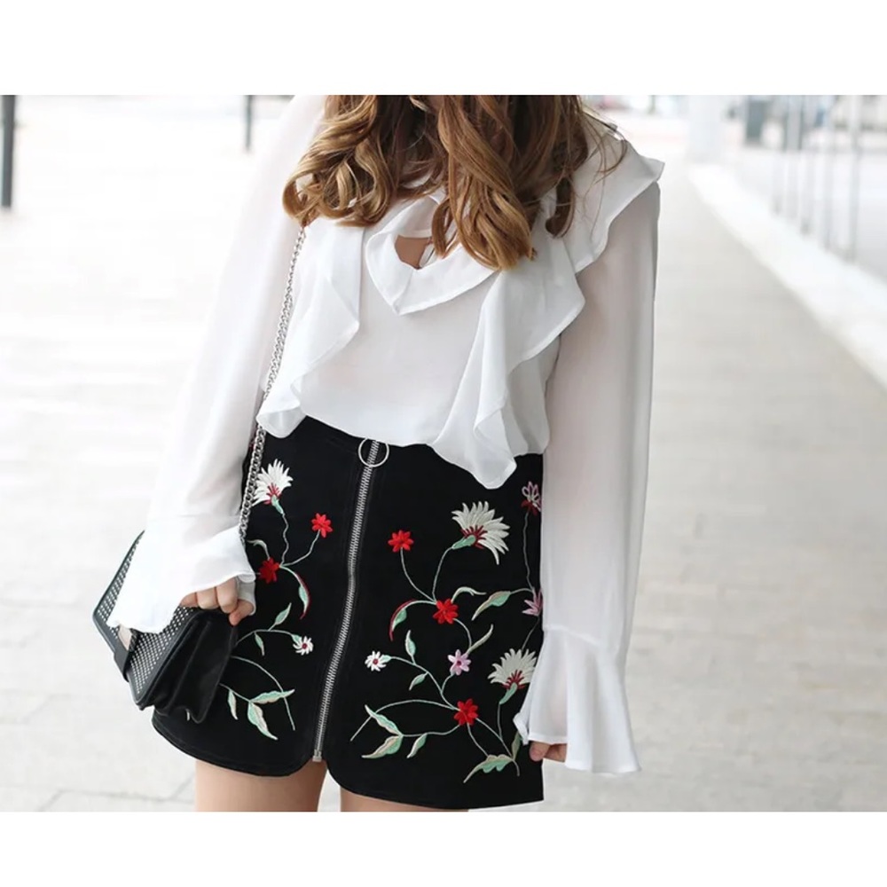 Zara Suede Embroidered Zipper Front Mini Skirt